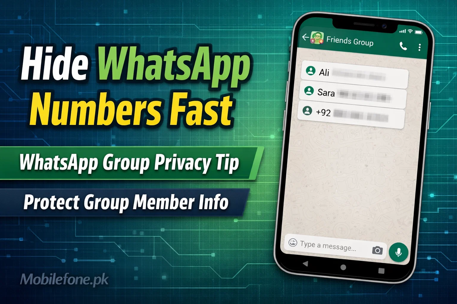 WhatsApp group screen with blurred phone numbers
